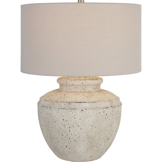 Artifact Table Lamp by Uttermost in aged stone. Made from steel, ceramic, fabric in a modern style.
