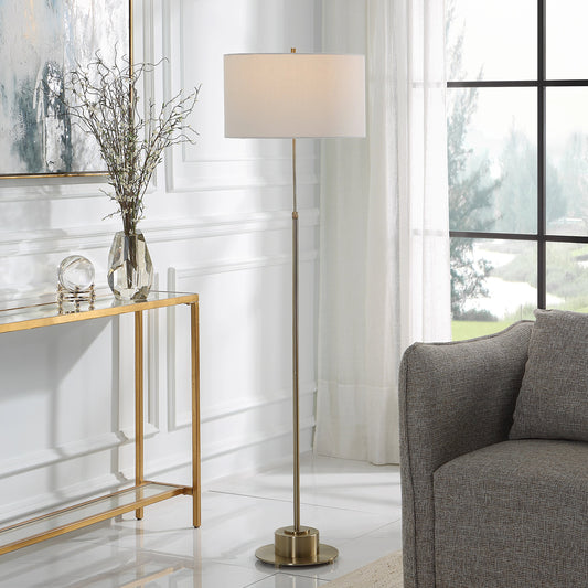 Prominence Floor Lamp by Uttermost in antique brass. Made from metal, fabric in a modern style.