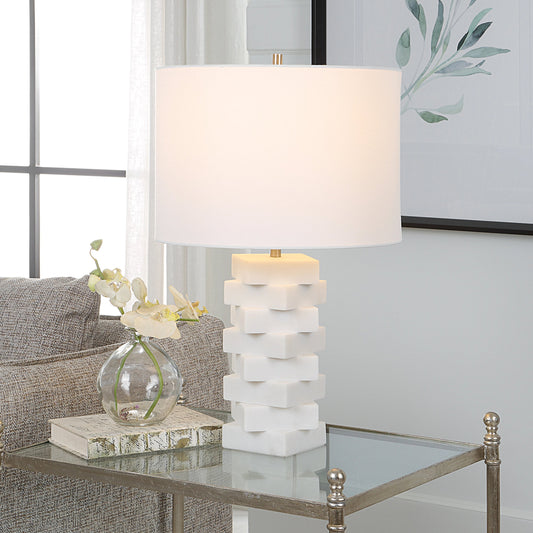 Ascent Geometric Table Lamp by Uttermost in ivory, nickel. Made from rice stone, iron, linen in a modern style.