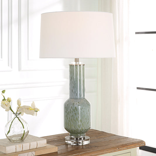 Imperia Table Lamp by Uttermost in aqua gray. Made from crystal, glass, iron, fabric in a modern style.