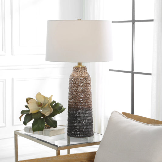 Padma Table Lamp by Uttermost in aged ivory, dark chocolate ombre. Made from ceramic, iron, fabric in a modern style.