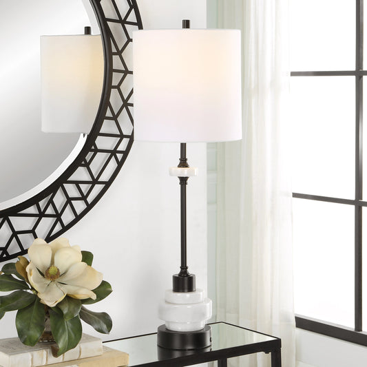 Alliance Buffet Lamp by Uttermost in white marble, satin black. Made from marble, iron, fabric in a modern style.