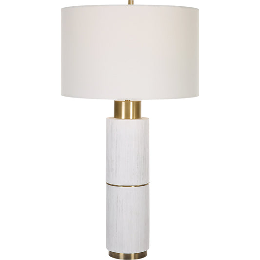 Ruse Table Lamp by Uttermost in whitewash, brushed brass. Made from resin, iron, fabric in a modern style.