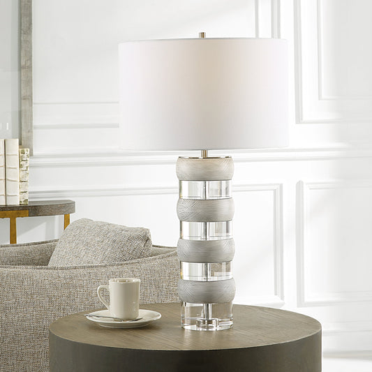 Band Together Table Lamp by Uttermost in bleach wood, nickel. Made from crystal, wood, iron, fabric in a modern style.