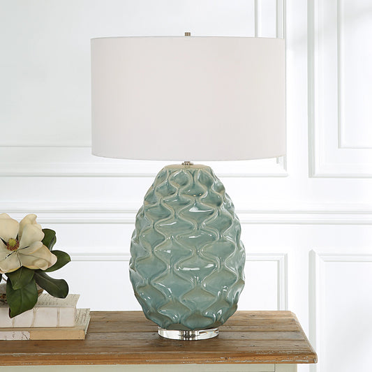 Laced Up Table Lamp by Uttermost in sea foam. Made from ceramic, crystal, iron, fabric in a modern style.