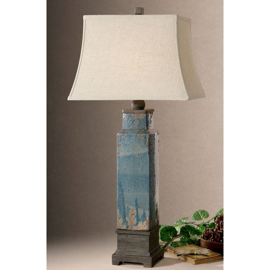 Soprana Table Lamp by Uttermost in blue. Made from linen, polyester, steel, ceramic in a modern style.