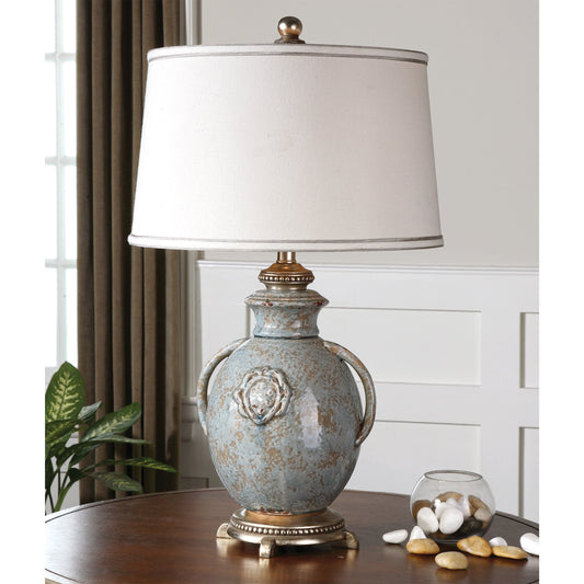 Cancello Lamp by Uttermost in blue. Made from ceramic, metal, resin, fabric in a cottage & farmhouse style.