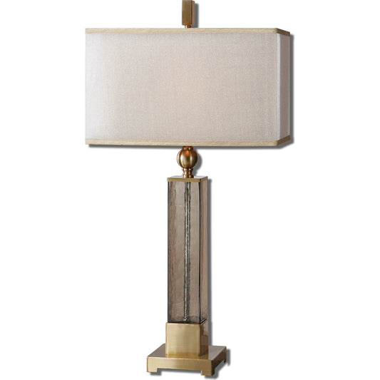 Caecilia Amber Glass Table Lamp by Uttermost. Made from metal, fabric, glass in a modern style.
