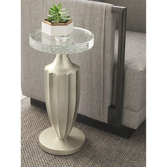 Just a Little Jazz Pedestal Table by Caracole in taupe and jazzy taupe. Made from asian hardwood, glass in a transitional style.