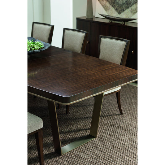 Streamline Dining Table by Caracole in bronze, smoked and aged bourbon, smoked bronze. Made from asian hardwood, fumed quartered figured eucalyptus, metal in a modern style.