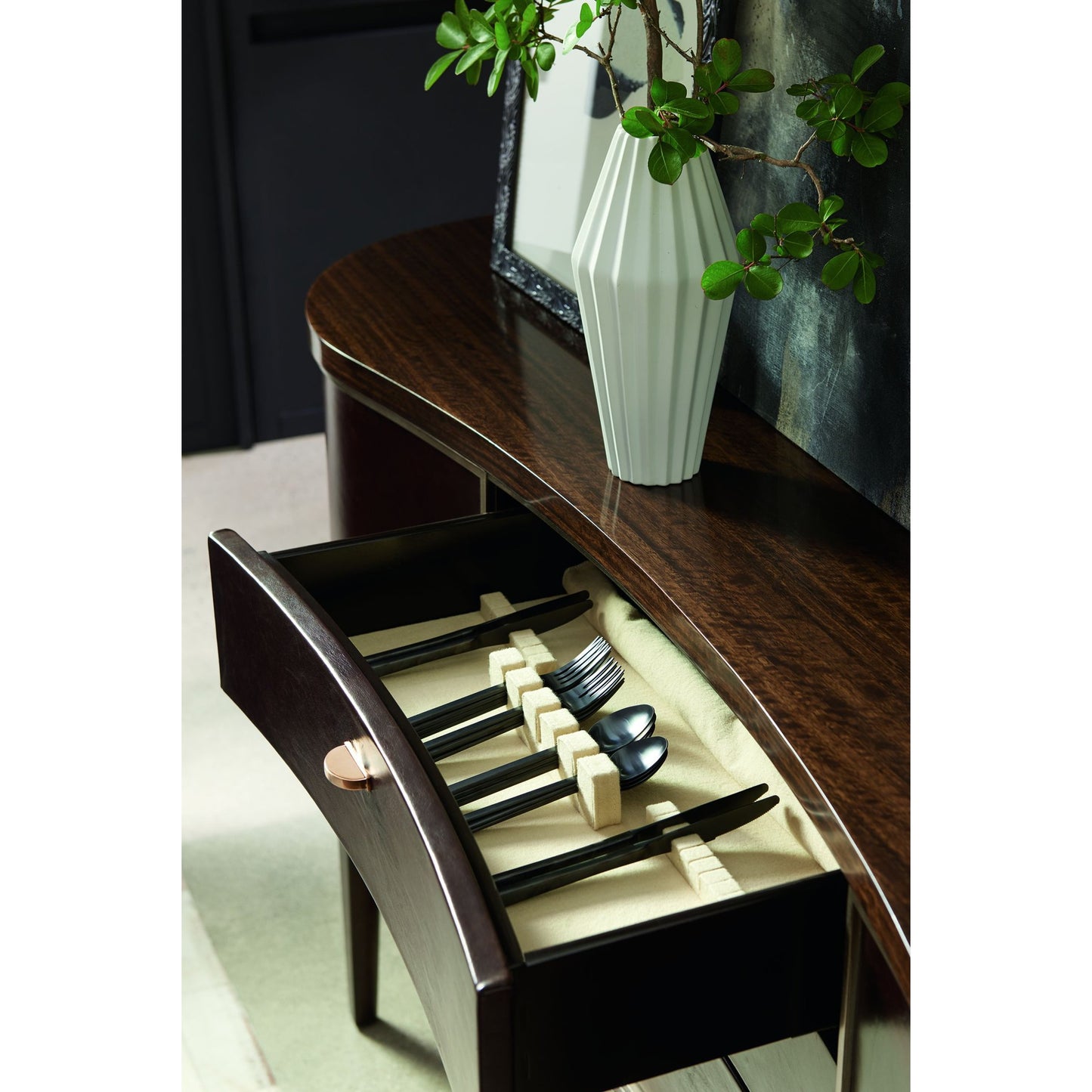 003 SR-768923 | Lifestyle | Moderne Sideboard by Caracole in bronze, smoked and aged bourbon, smoked bronze. Made from asian hardwood, fumed quartered figured eucalyptus in a transitional style.