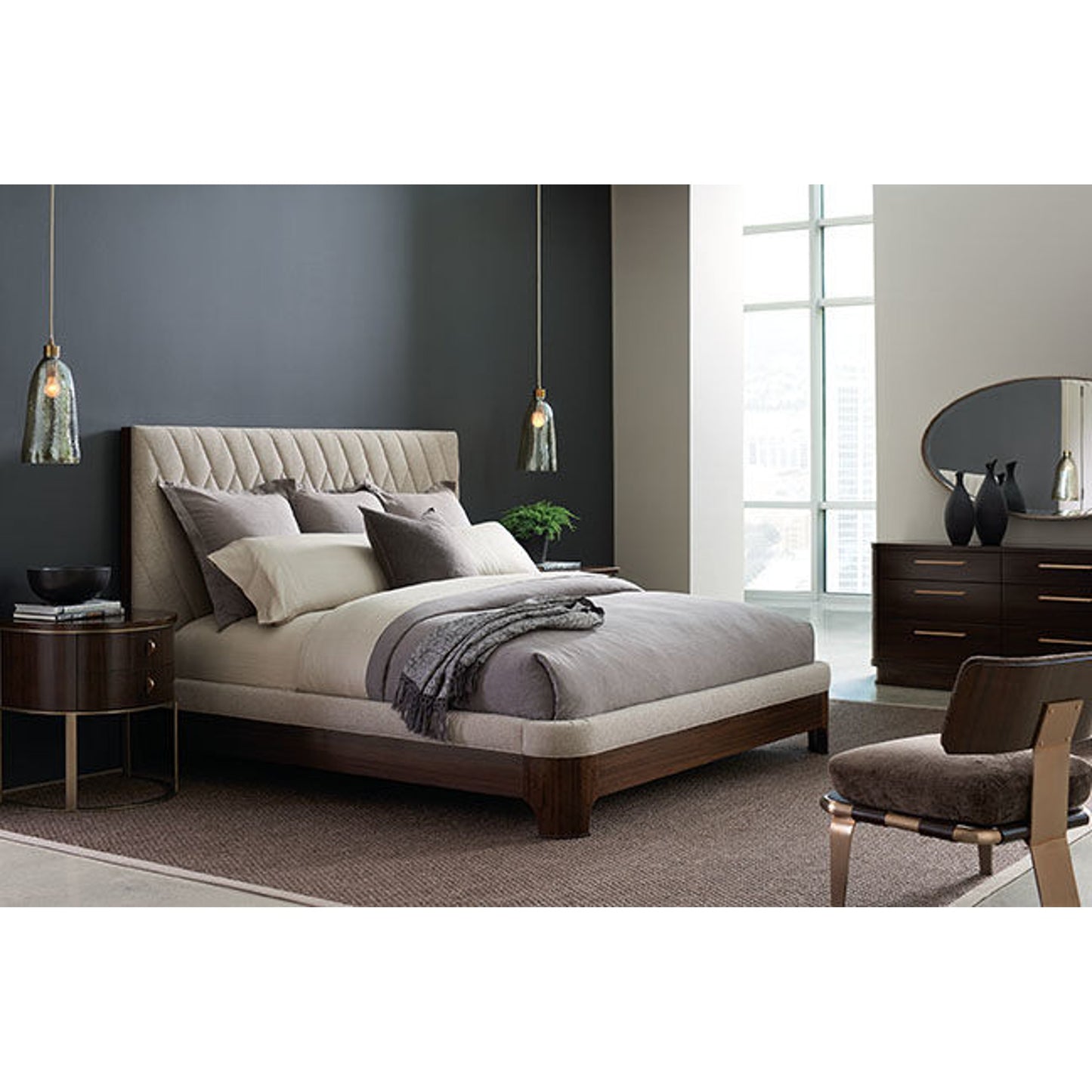 004 SR-768914 | Lifestyle | Moderne Bed by Caracole in natural and aged bourbon. Made from asian hardwood, fumed quartered figured eucalyptus in a transitional style.
