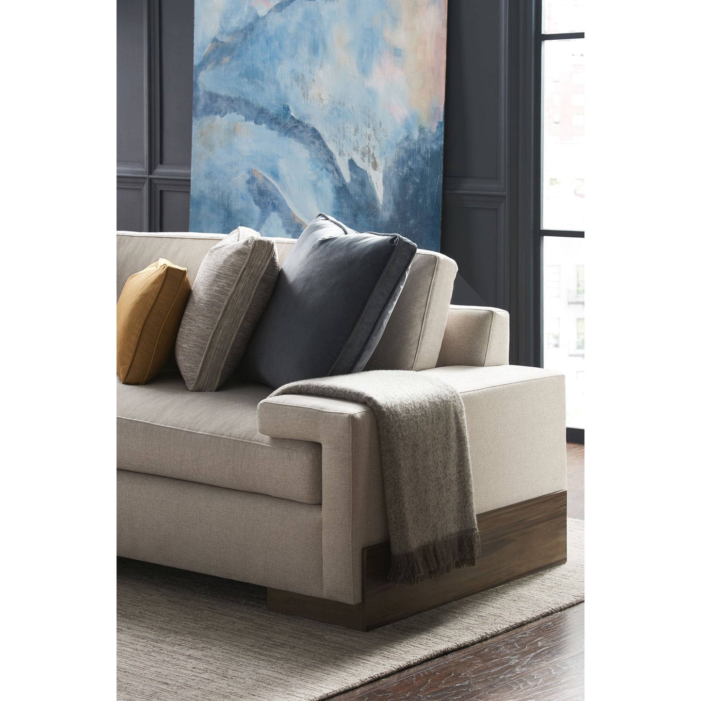 016 SR-769060 | Lifestyle | Shelf Arm Sofa by Caracole in natural and smoked sable. Made from fumed gum in a modern style.