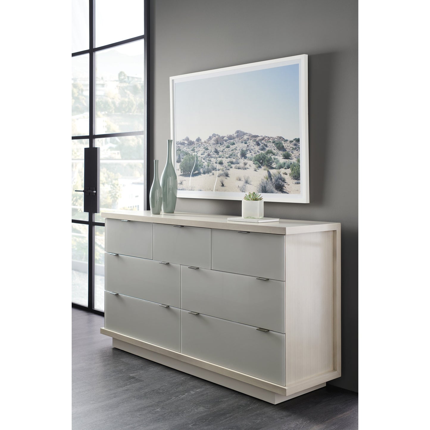 005 SR-877724 | Lifestyle | Expressions Dresser by Caracole in gray, ash, taupe, gray and ash taupe, winter haze, delicate grey. Made from ash in a modern style.