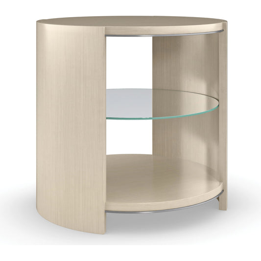 Da Vita Round End Table by Caracole in silver and thunder, smoked stainless steel. Made from birch, koto in a modern style.