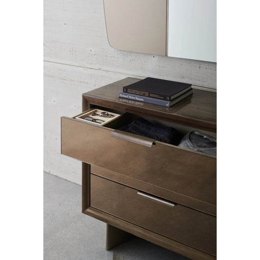La Moda Dresser by Caracole in bronze, silver and sepia, smoked stainless steel. Made from birch, bronze mirror in a modern style.