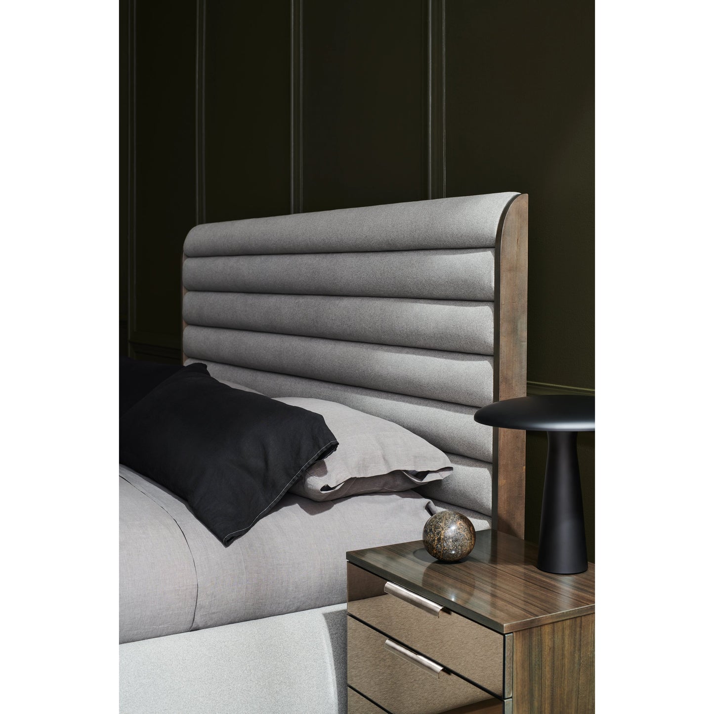 003 SI-1955871 | Lifestyle | La Moda Upholstered Panel Bed by Caracole in gray and sepia. Made from birch in a modern style.