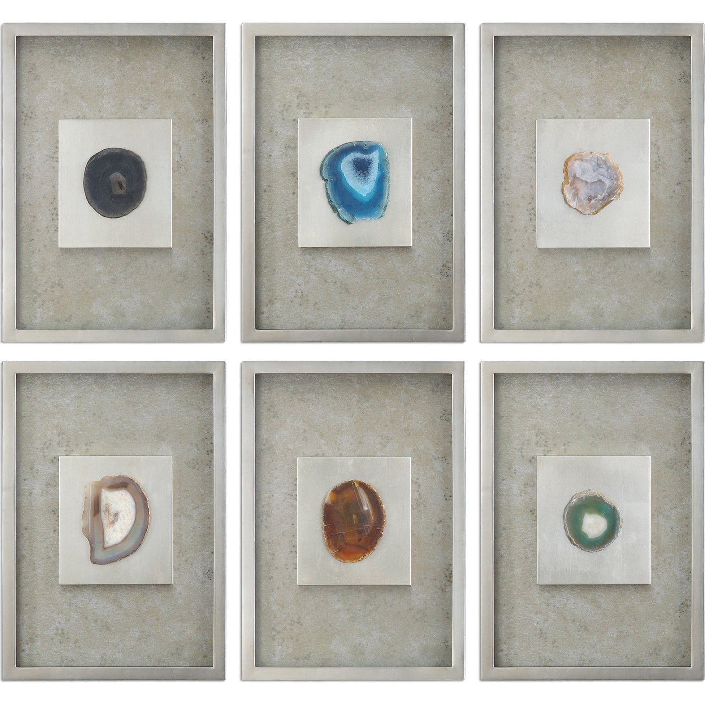 001 S-252170 | Additional Silo | Agate Stone Silver Wall Art (Set of 6) by Uttermost in multi and silver. Made from mdf, glass, agate, paper in a modern style.