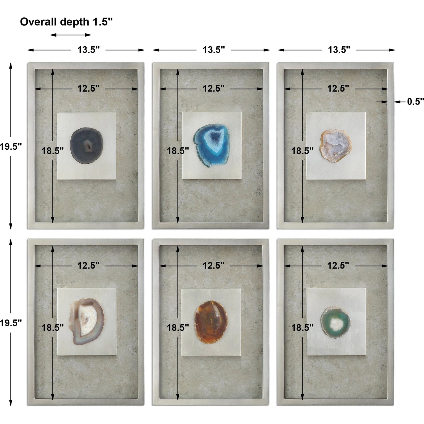 003 S-252170 | Additional Silo | Agate Stone Silver Wall Art (Set of 6) by Uttermost in multi and silver. Made from mdf, glass, agate, paper in a modern style.