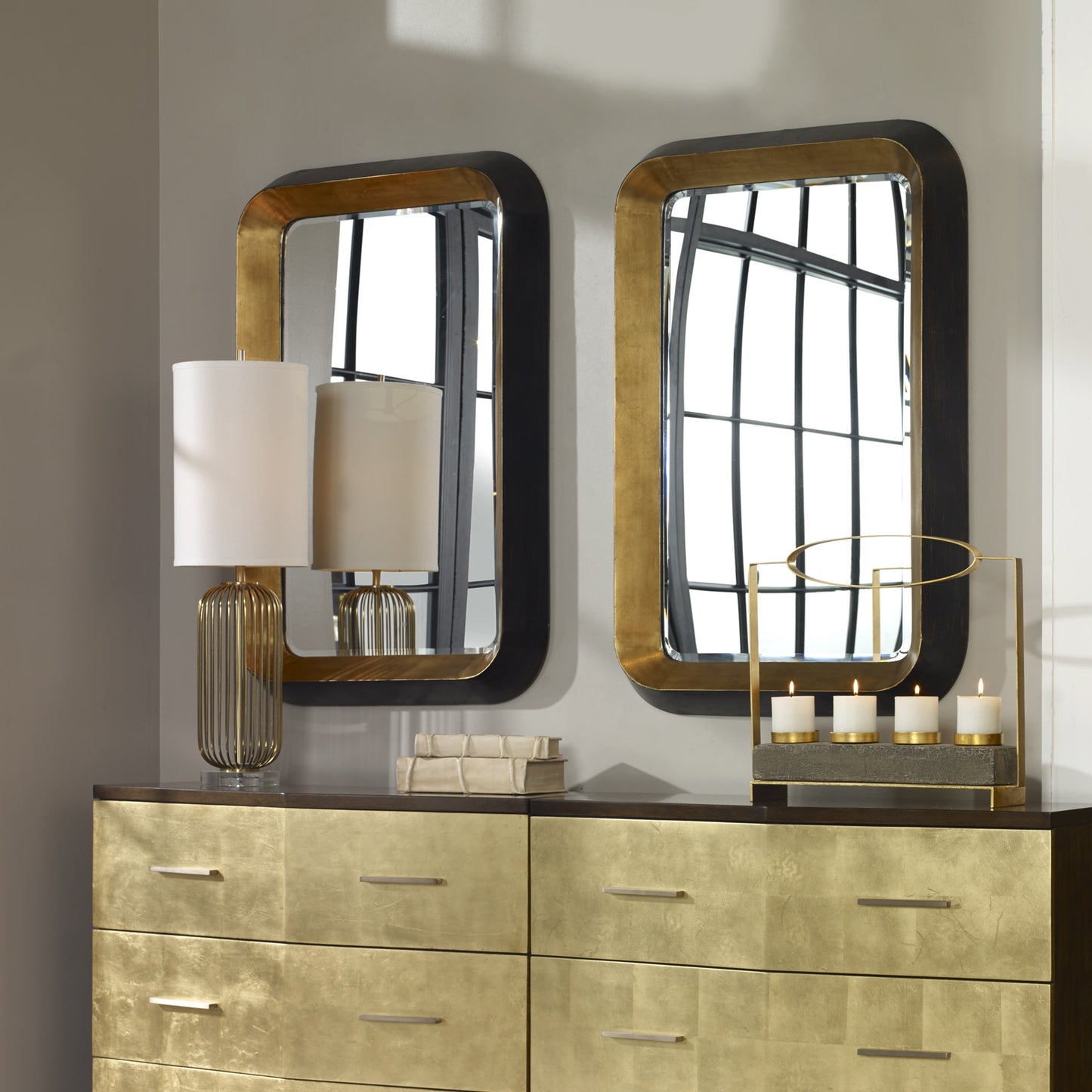 005 S-251913 | Lifestyle | Niva Wall Mirror by Uttermost in gold. Made from mdf, metal, silver mirror in a modern style.