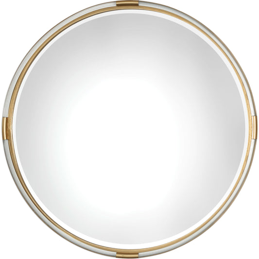 Mackai Round Mirror by Uttermost in gold. Made from mdf, glass, iron, acrylic in a modern style.