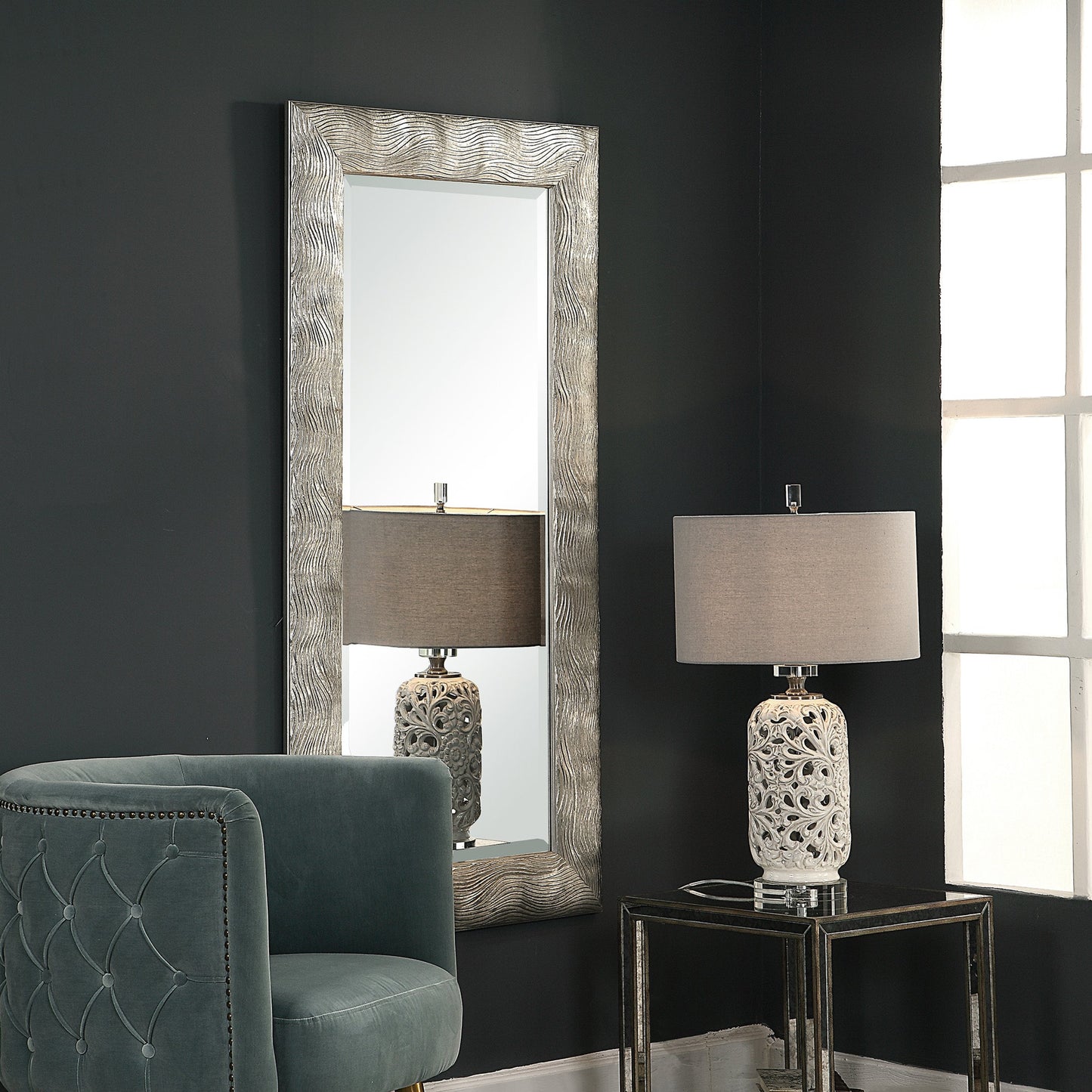 003 S-328827 | Lifestyle | Maeona Mirror by Uttermost in silver. Made from mdf, mirror, corrugated, kraft in a modern style.