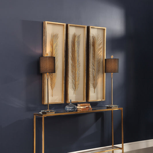 Palma Gold Leaf Shadow Box by Uttermost in gold. Made from mdf, glass, plastic, linen in a modern style.