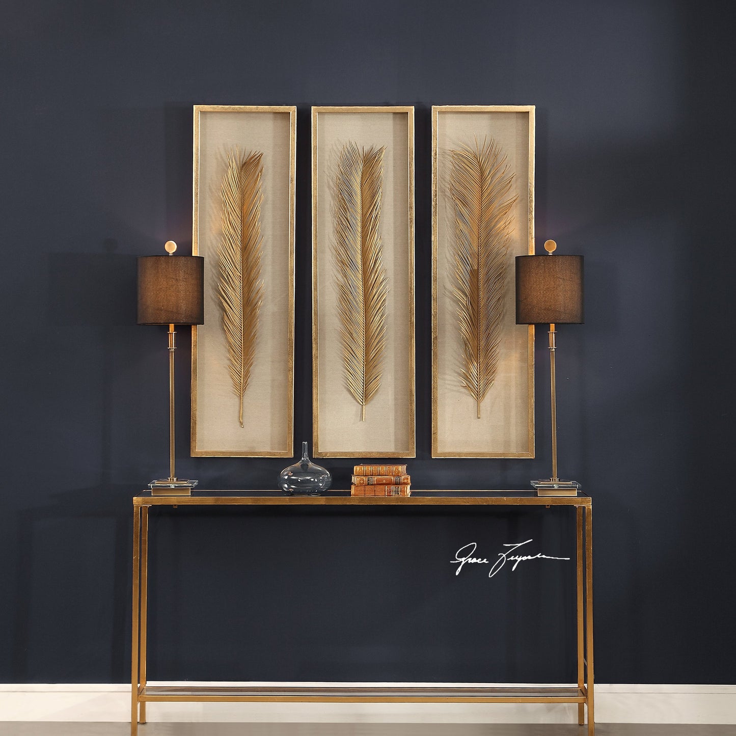 002 S-338647 | Additional Silo | Palma Gold Leaf Shadow Box by Uttermost in gold. Made from mdf, glass, plastic, linen in a modern style.