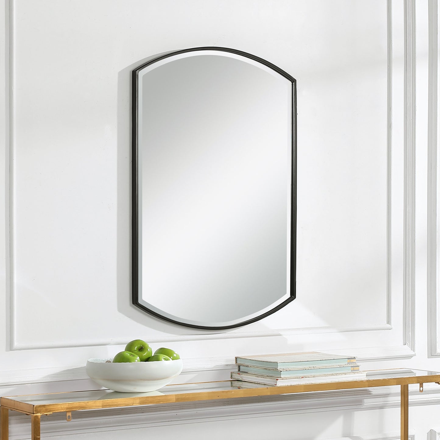007 SR-897293 | Lifestyle | Shield Mirror by Uttermost in iron. Made from mdf, iron, mirror in a transitional style.