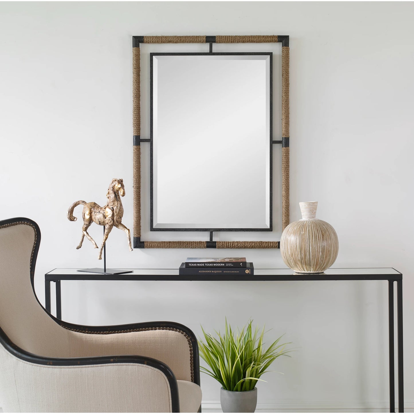 003 SI-1923565 | Lifestyle | Melville & Rope Mirror by Uttermost in rust black. Made from mirror, iron, jute, mdf in a modern style.