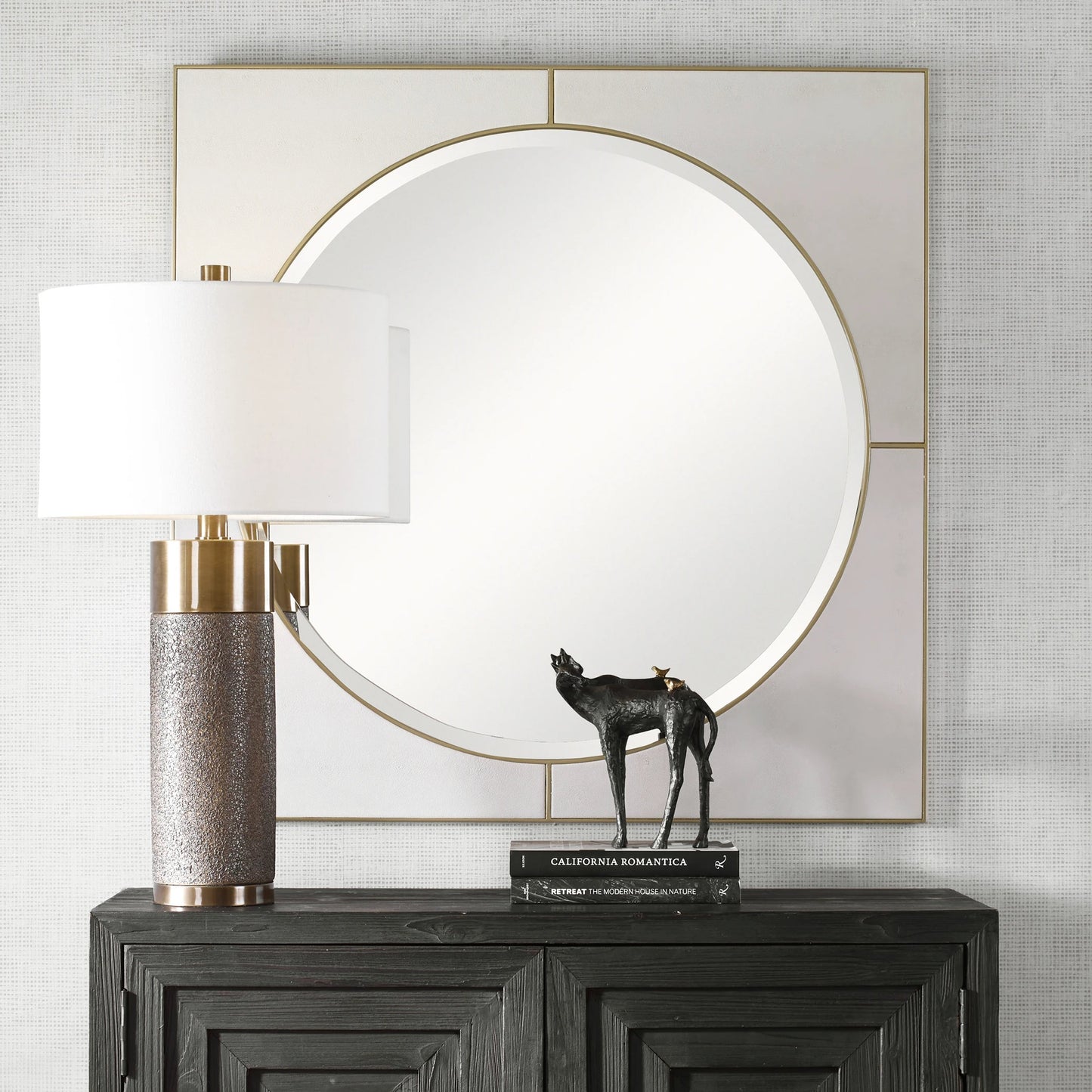 009 SI-1923604 | Lifestyle | Cyprus Square Mirror by Uttermost in gold. Made from mirror, mdf, pu leather in a modern style.