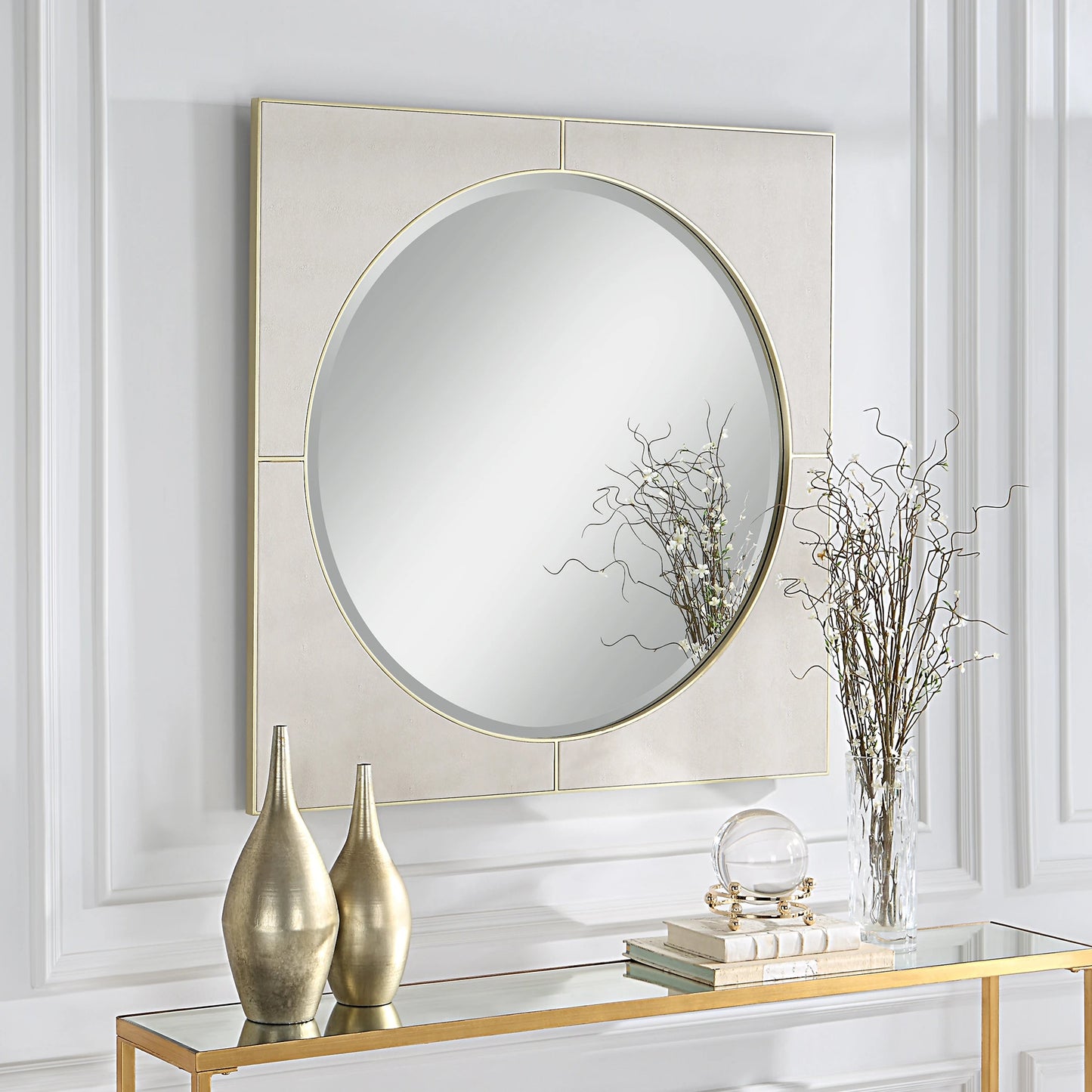 010 SI-1923604 | Lifestyle | Cyprus Square Mirror by Uttermost in gold. Made from mirror, mdf, pu leather in a modern style.