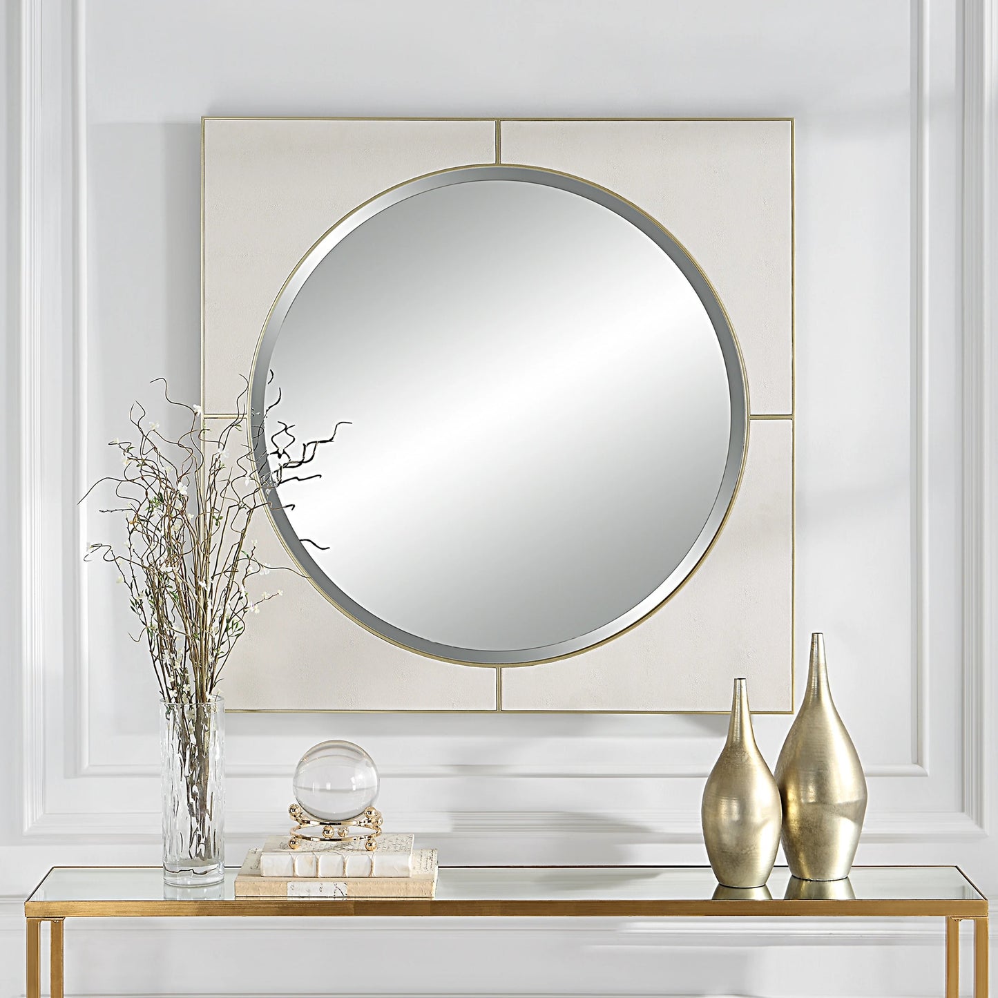 011 SI-1923604 | Lifestyle | Cyprus Square Mirror by Uttermost in gold. Made from mirror, mdf, pu leather in a modern style.