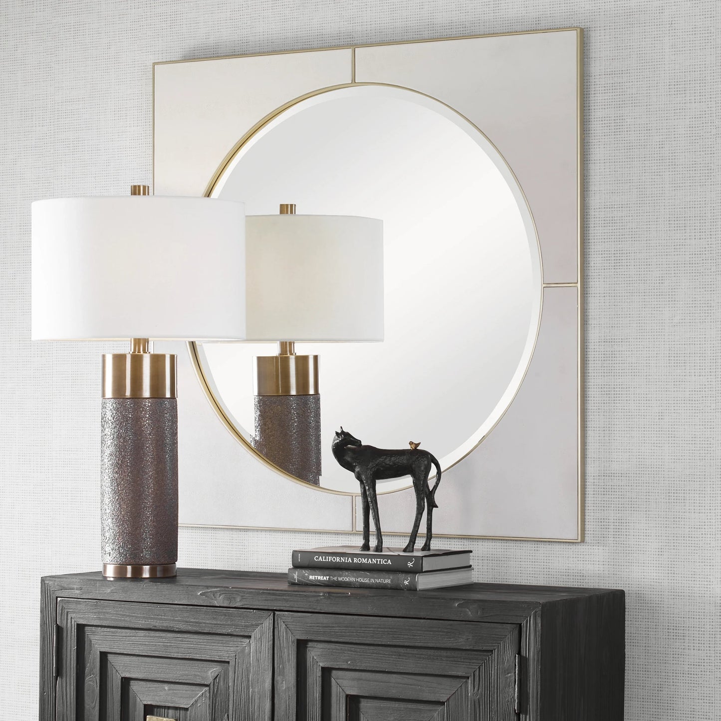 008 SI-1923604 | Lifestyle | Cyprus Square Mirror by Uttermost in gold. Made from mirror, mdf, pu leather in a modern style.