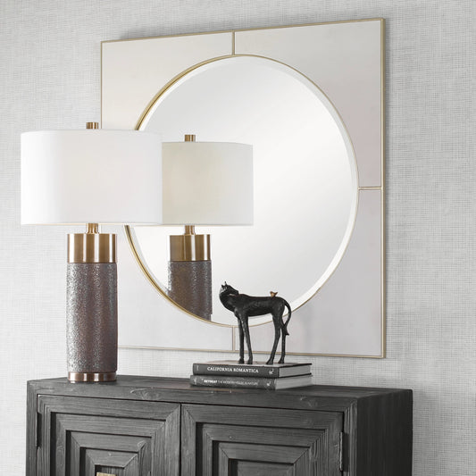 Cyprus Square Mirror by Uttermost in gold. Made from mirror, mdf, pu leather in a modern style.