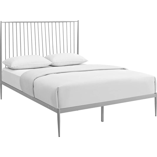 Elizabeth Platform Bed by Evans & Londeen in gray. Made from weight capacity: 1323 lbs, box spring required, powder coated steel frame, headboard, foot board, inner size 1524*2032mm, outer size 1531 *2172mm, 8pcs pp foot plug,