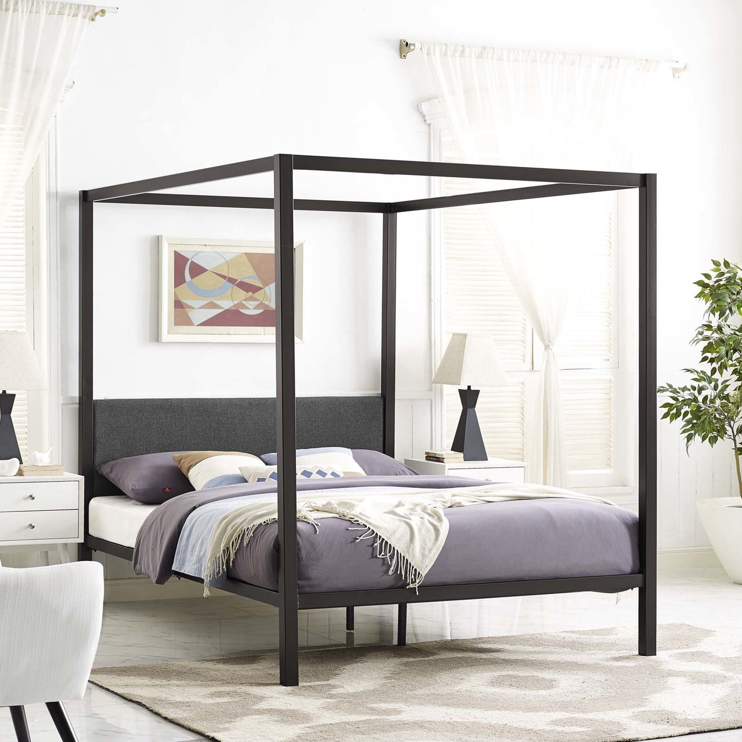 005 S-293307 | Lifestyle | Hopedale Canopy Bed Frame by Evans & Londeen. Made from powder coated steel frame, inner size 60*81in(width is outer size ), bed weight capacity:1323 lbs in a modern style.
