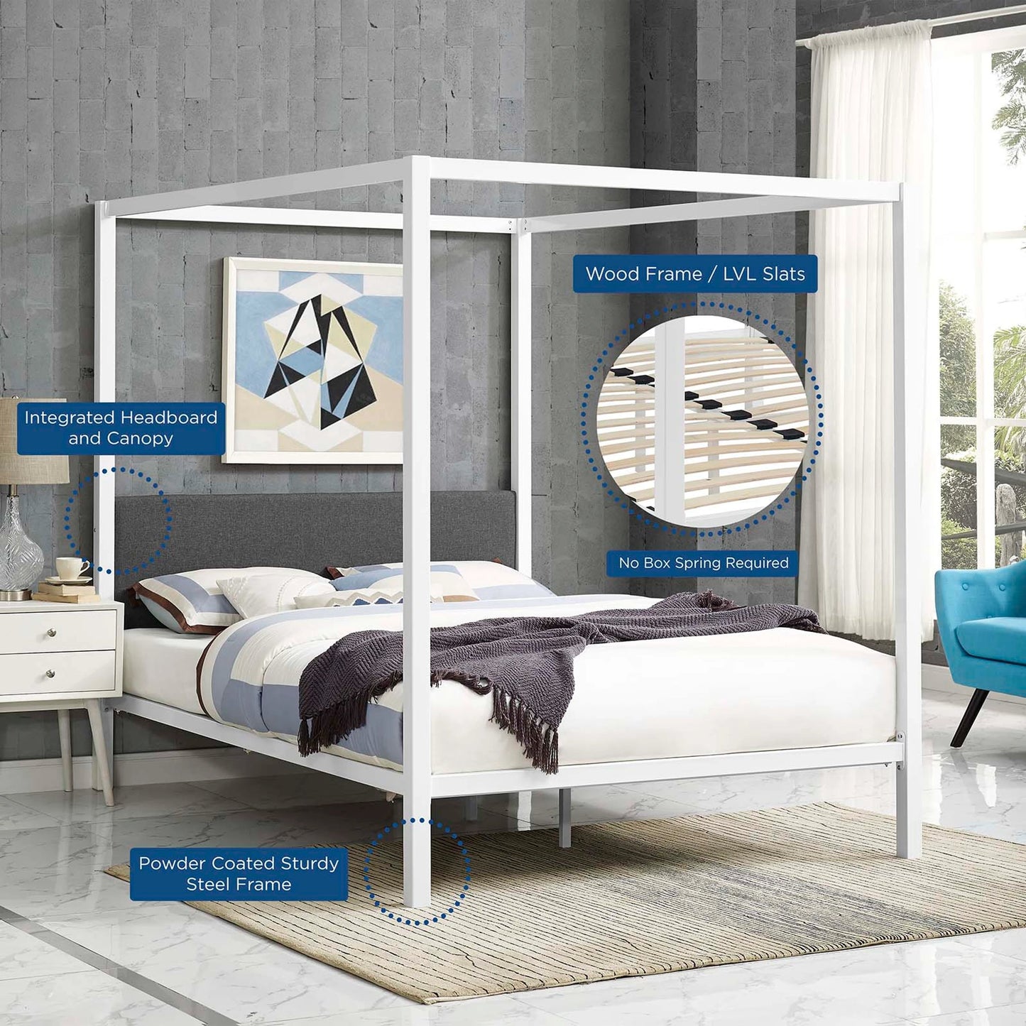 010 S-293308 | Additional Silo | Hopedale Canopy Bed Frame by Evans & Londeen. Made from powder coated steel frame, inner size 60*81in(width is outer size ), bed weight capacity:1323 lbs in a modern style.