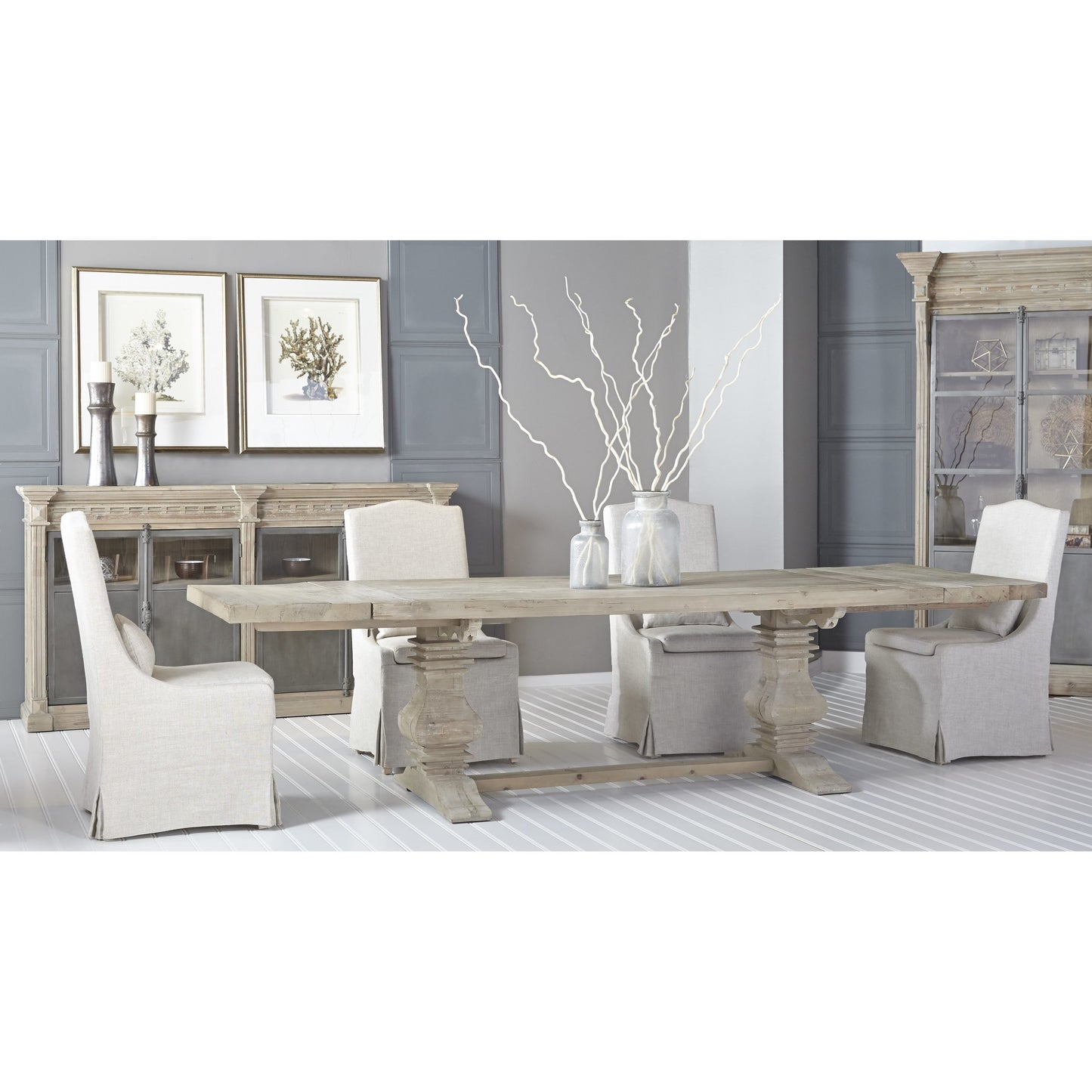 016 SR-387392 | Lifestyle | Monastery Dining Table by Essentials For Living in smoke gray pine. Made from reclaimed pine, reclaimed birch in a cottage & farmhouse style.