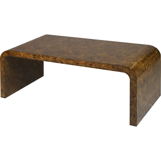 Burlwood Waterfall Coffee Table by Worlds Away in brown. Made from hardwood solids, mdf, veneer in a modern style.