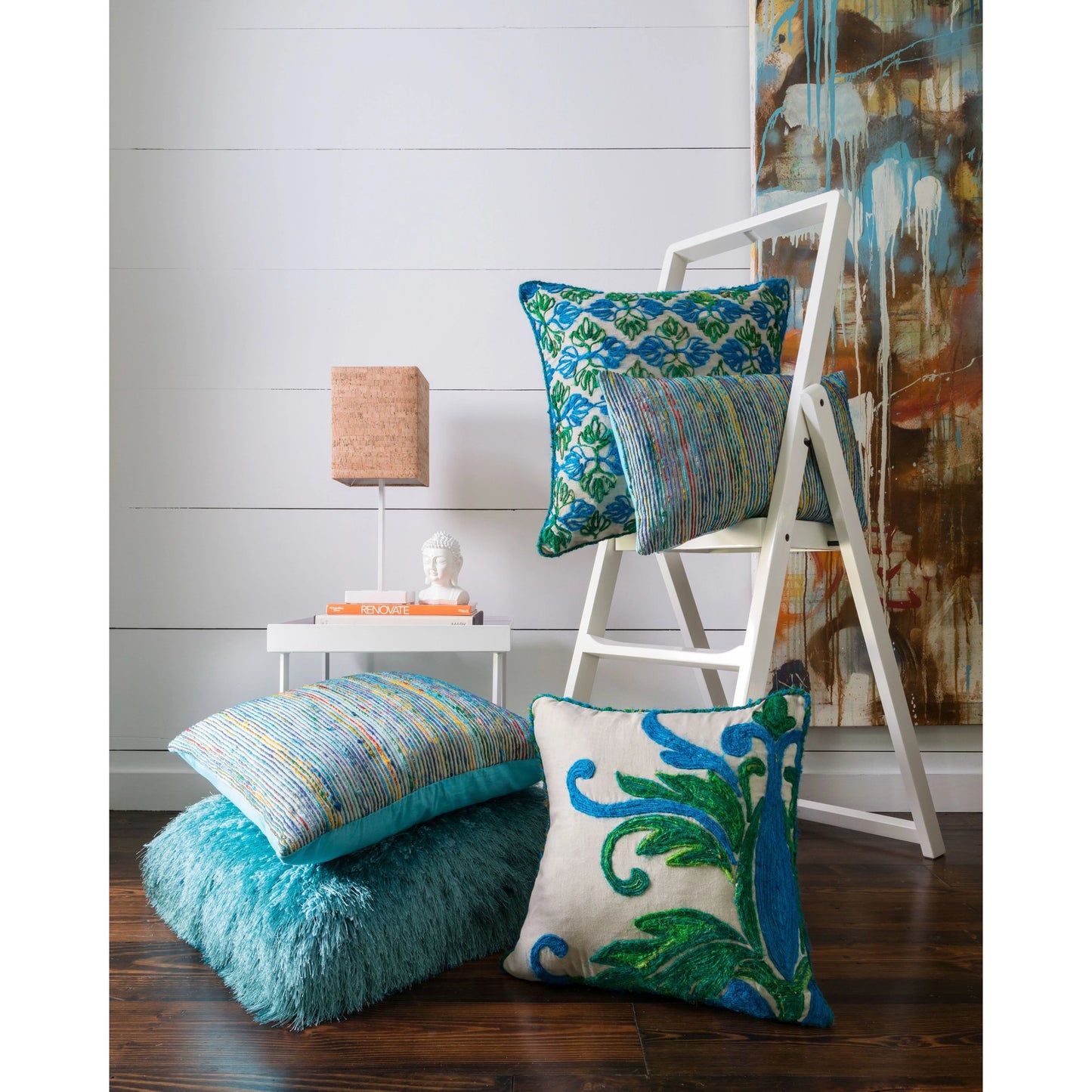 002 O-LOLOI-DSETP0232GRBBPIL1,O-LOLOI-PSETP0232GRBBPIL1 | Lifestyle | P0232 Pillow by Loloi in green, blue. Made from 60% cotton, 40% silk in a coastal style.