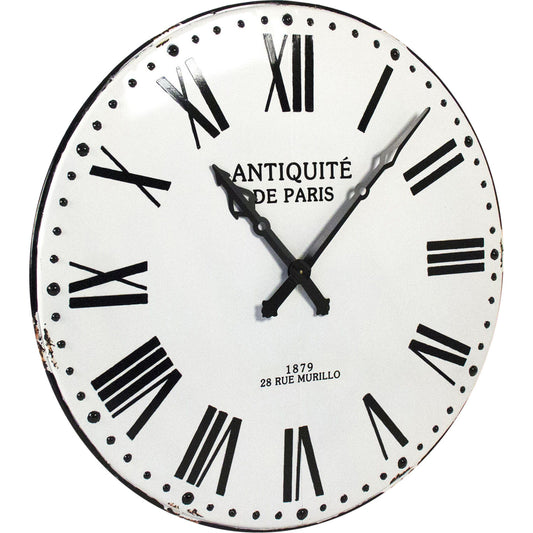 Corvin Wall Clock by Zentique in distressed white with black numbers and iron. Made from iron in a traditional style.