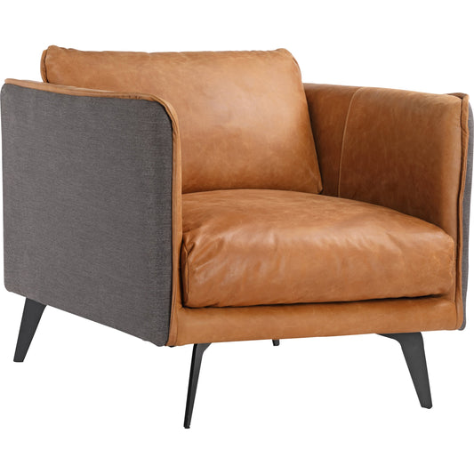 Messina Leather Arm Chair by Moe's Home Collection in sierra. Made from top grain leather, iron legs, hardwood plywood, foam, 60% top grain cowhide, 40% polyester, plywood in a rustic style.