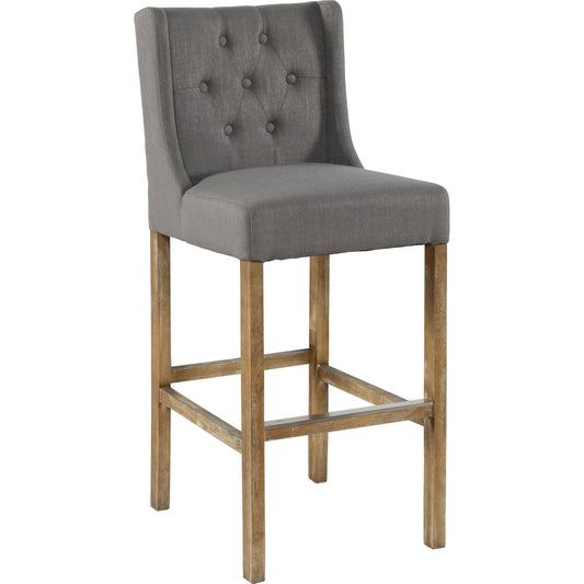 Karla Tufted Barstool by Kosas Home in gray. Made from blended upholstery (57% polyester 25% viscose 18% linen), rubber wood legs in a transitional style.