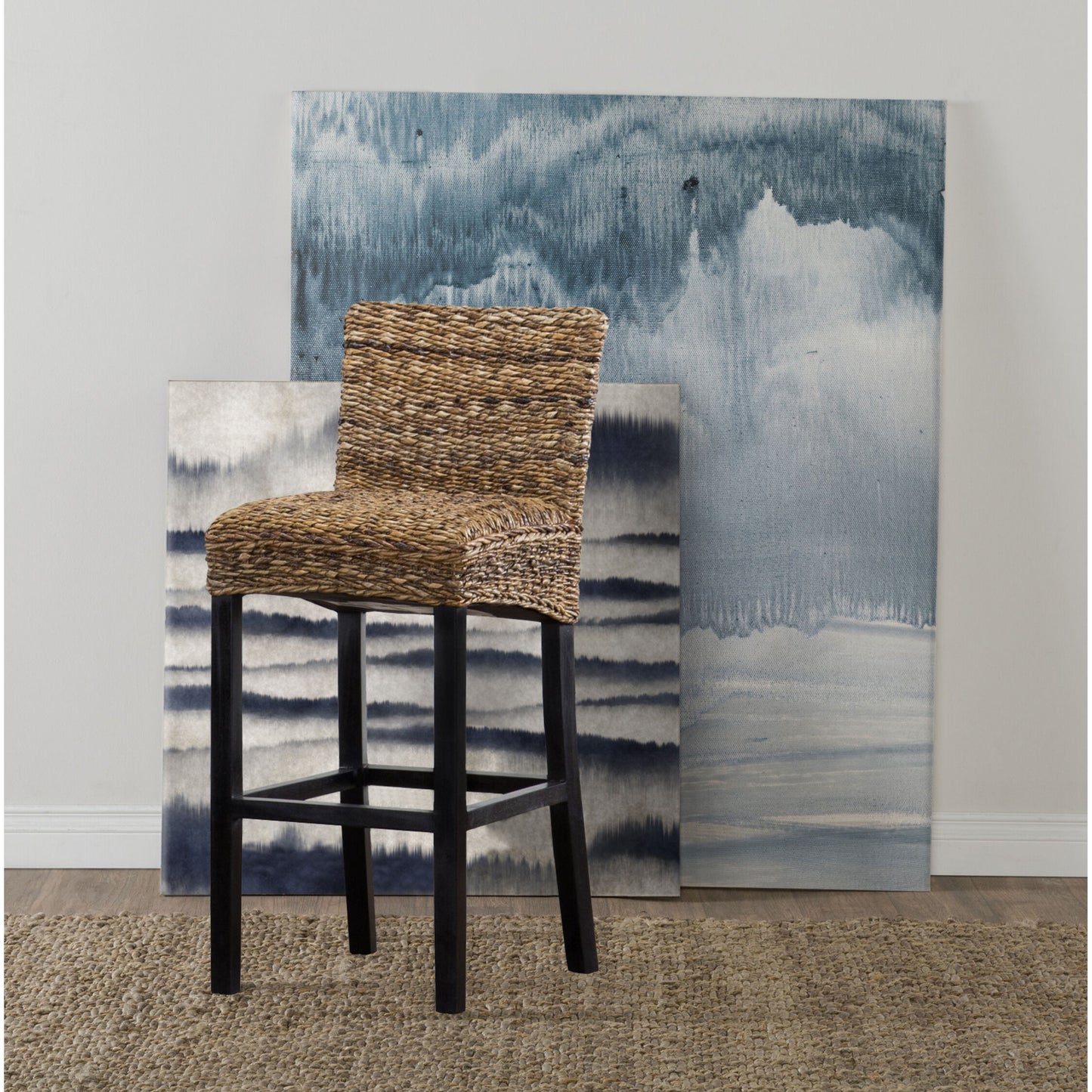003 SR-897782 | Lifestyle | Portman Barstool Stool by Kosas Home. Made from rattan abaca top, mahogany legs in a coastal style.