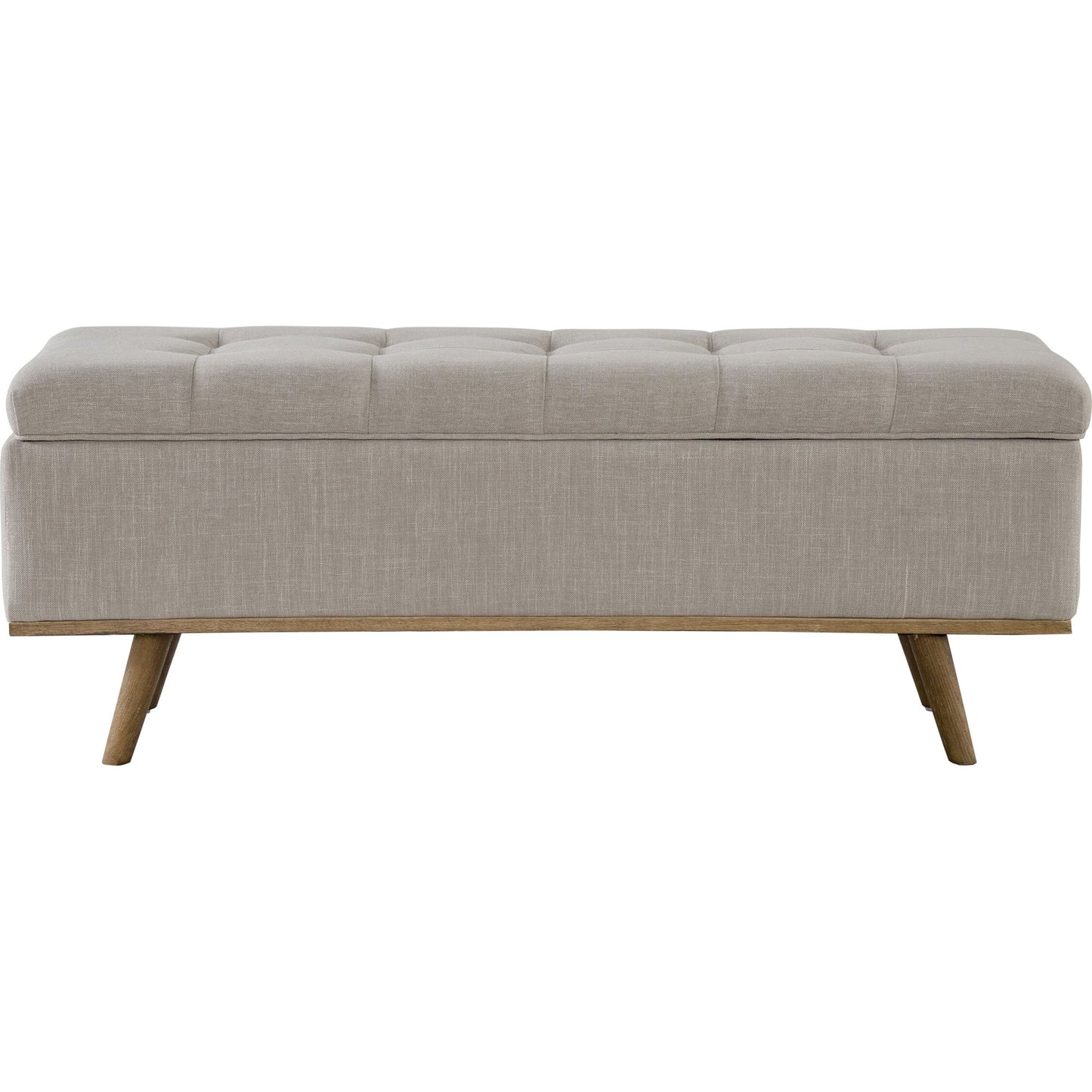 004 SR-897827 | Lifestyle | Stimpson Storage Bench by Kosas Home in french beige. Made from solid wood, upholstered in: 57% polyester, 25% viscose, 18% linen in a transitional style.