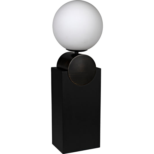 Kate Table Lamp by Noir in matte black, antique brass. Made from industrial steel and frosted globe in a modern style.
