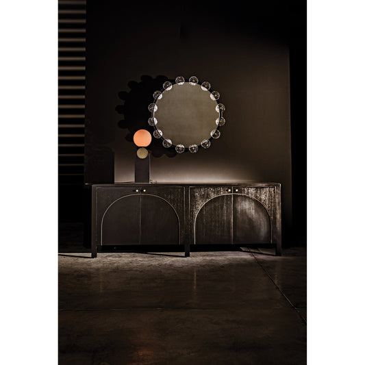 Kate Table Lamp by Noir in matte black, antique brass. Made from industrial steel and frosted globe in a modern style.