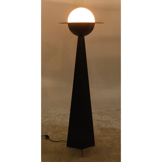 Saturn Floor Lamp by Noir in matte black, frosted glass. Made from industrial steel and frosted glass in a modern style.