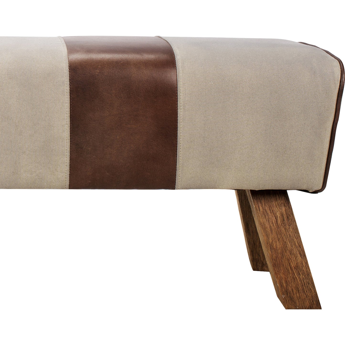 003 S-263899 | Closeup | Pommel Bench by Moe's Home Collection in brown and distressed light brown. Made from top grain leather, canvas, rubber wood legs, eucalyptus wood frame in a rustic style.